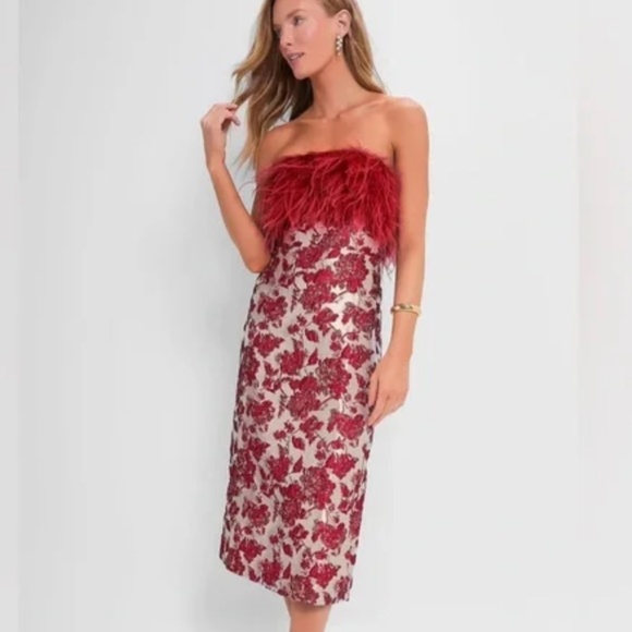 hyacinth house red jacquard feathered reina midi dress Red Linen Dominica Midi Dress